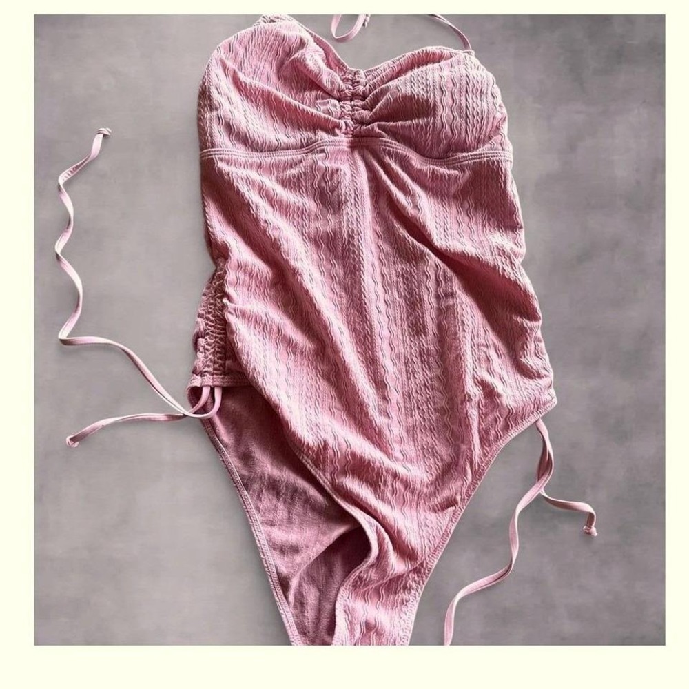 Pink Textured One Piece‎ Swimsuit Ruched Bust Side Tie High Cut XL